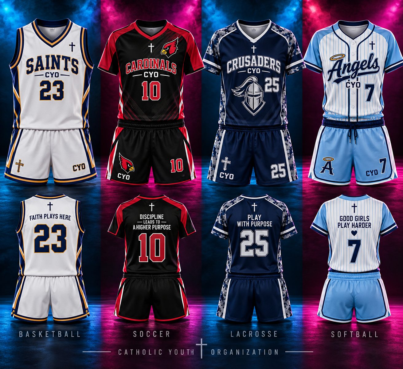 Custom charity-donated youth sports uniforms for Catholic Youth Organization basketball, soccer, lacrosse, and softball teams, Roxbury NJ