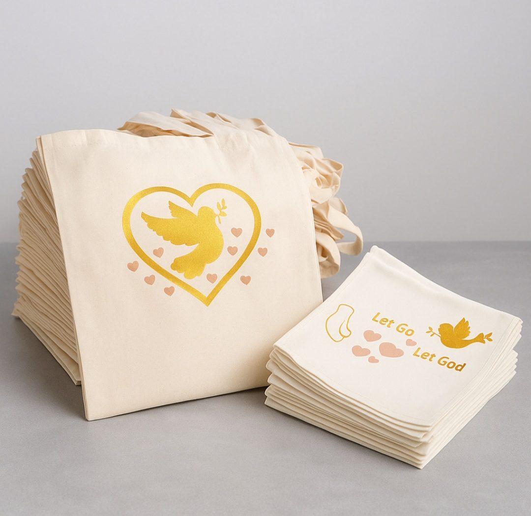Charity tote bags and memorial keepsakes donated for a hospice family event in Morris County NJ