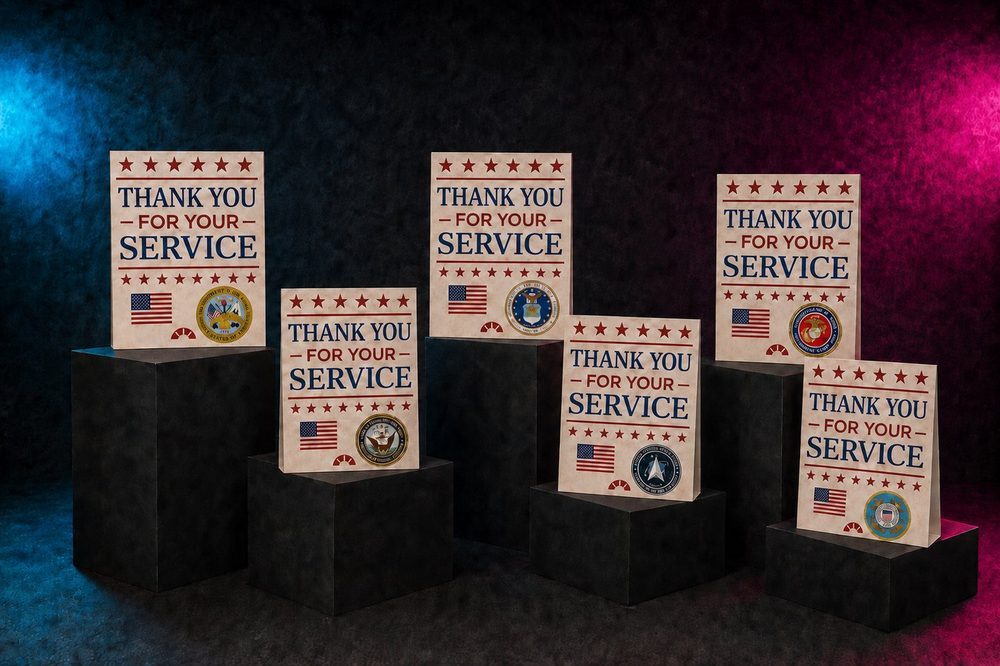 Military branch-specific decorative Thank You For Your Service tiles donated to veterans by Roxbury Gives, a community charity in Roxbury NJ
